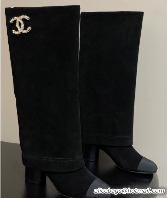 Good Product Chanel Suede & Grosgrain Heel High Boots 6cm with Foldover Bootleg Black 2025 CH071516