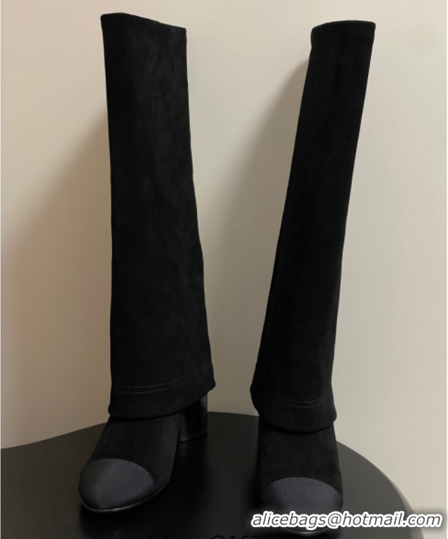 Good Product Chanel Suede & Grosgrain Heel High Boots 6cm with Foldover Bootleg Black 2025 CH071516