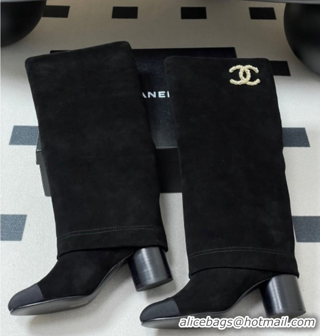 Good Product Chanel Suede & Grosgrain Heel High Boots 6cm with Foldover Bootleg Black 2025 CH071516