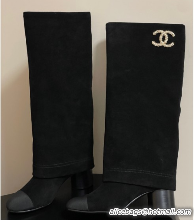 Good Product Chanel Suede & Grosgrain Heel High Boots 6cm with Foldover Bootleg Black 2025 CH071516