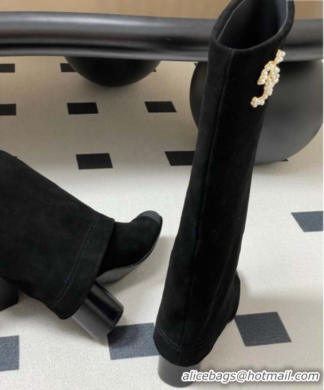 Good Product Chanel Suede & Grosgrain Heel High Boots 6cm with Foldover Bootleg Black 2025 CH071516