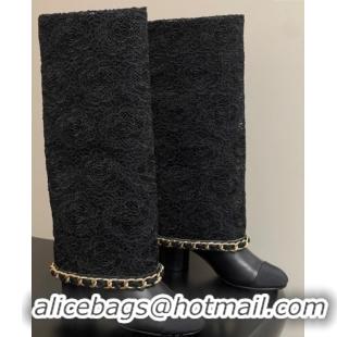Best Price Chanel Lace, Calfskin & Grosgrain Heel High Boots 6cm with Foldover Bootleg and Chain Black 2025 CH071517