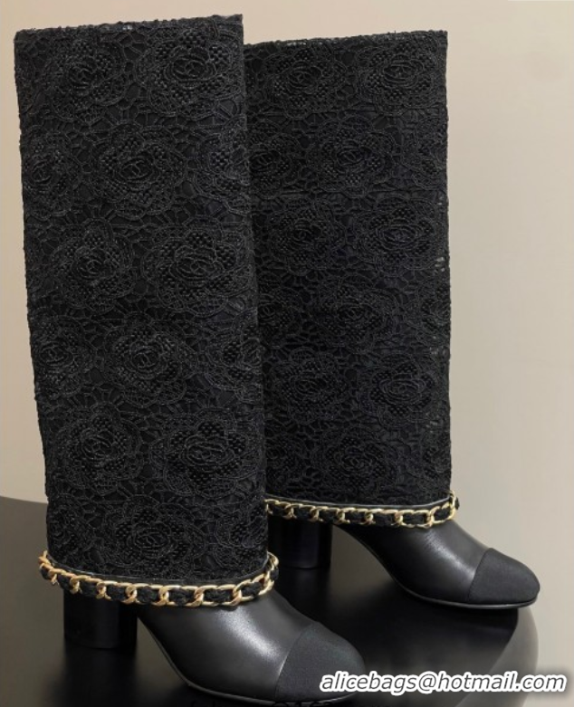 Best Price Chanel Lace, Calfskin & Grosgrain Heel High Boots 6cm with Foldover Bootleg and Chain Black 2025 CH071517