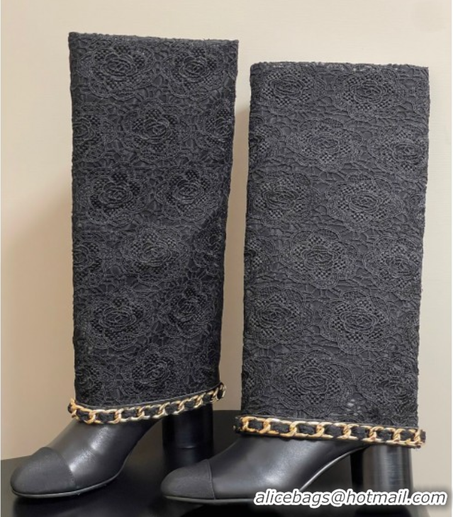 Best Price Chanel Lace, Calfskin & Grosgrain Heel High Boots 6cm with Foldover Bootleg and Chain Black 2025 CH071517