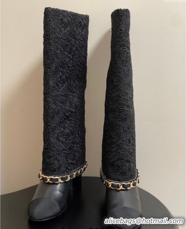 Best Price Chanel Lace, Calfskin & Grosgrain Heel High Boots 6cm with Foldover Bootleg and Chain Black 2025 CH071517