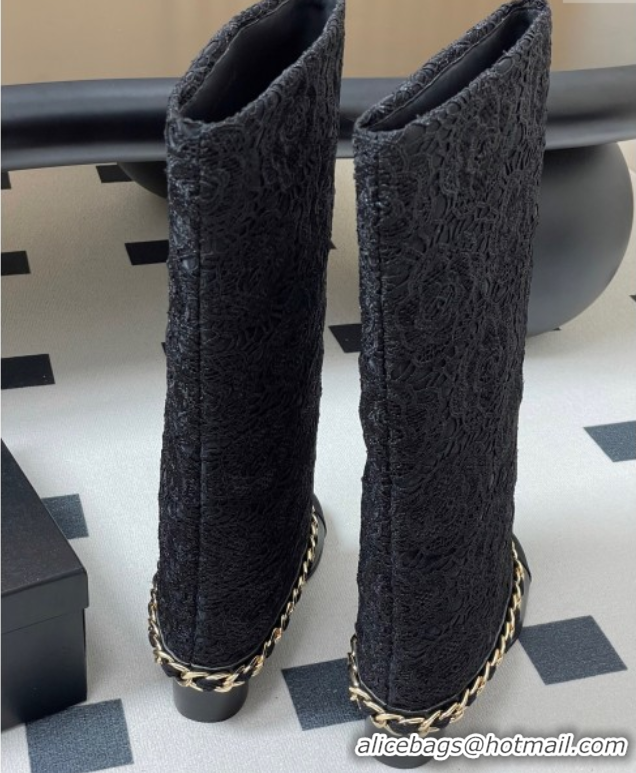 Best Price Chanel Lace, Calfskin & Grosgrain Heel High Boots 6cm with Foldover Bootleg and Chain Black 2025 CH071517