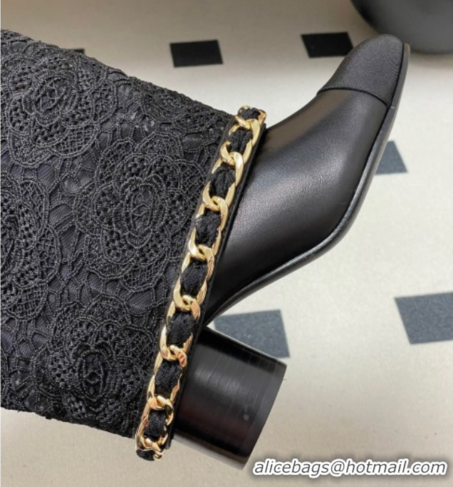 Best Price Chanel Lace, Calfskin & Grosgrain Heel High Boots 6cm with Foldover Bootleg and Chain Black 2025 CH071517