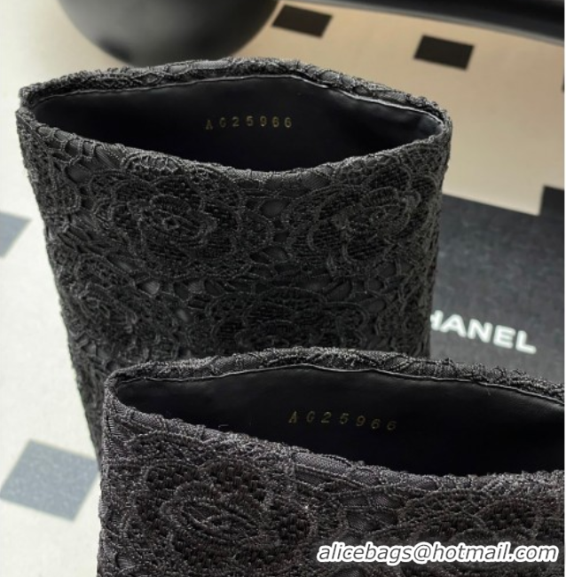 Best Price Chanel Lace, Calfskin & Grosgrain Heel High Boots 6cm with Foldover Bootleg and Chain Black 2025 CH071517