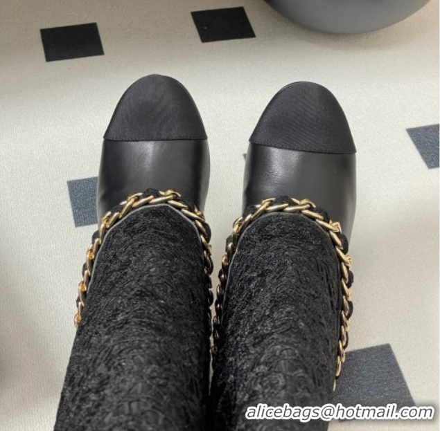 Best Price Chanel Lace, Calfskin & Grosgrain Heel High Boots 6cm with Foldover Bootleg and Chain Black 2025 CH071517