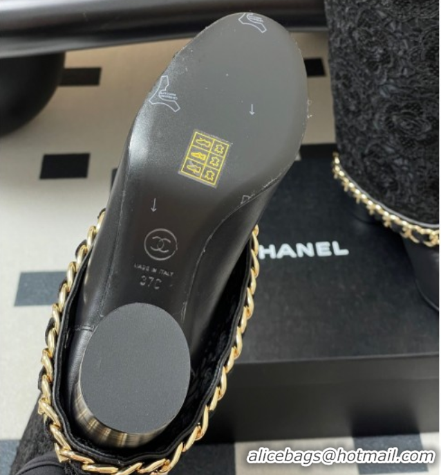 Best Price Chanel Lace, Calfskin & Grosgrain Heel High Boots 6cm with Foldover Bootleg and Chain Black 2025 CH071517