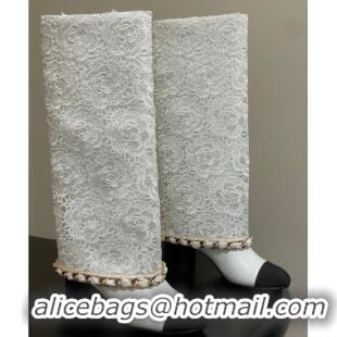 Most Popular Chanel Lace, Calfskin & Grosgrain Heel High Boots 6cm with Foldover Bootleg and Chain White 2025 CH071517