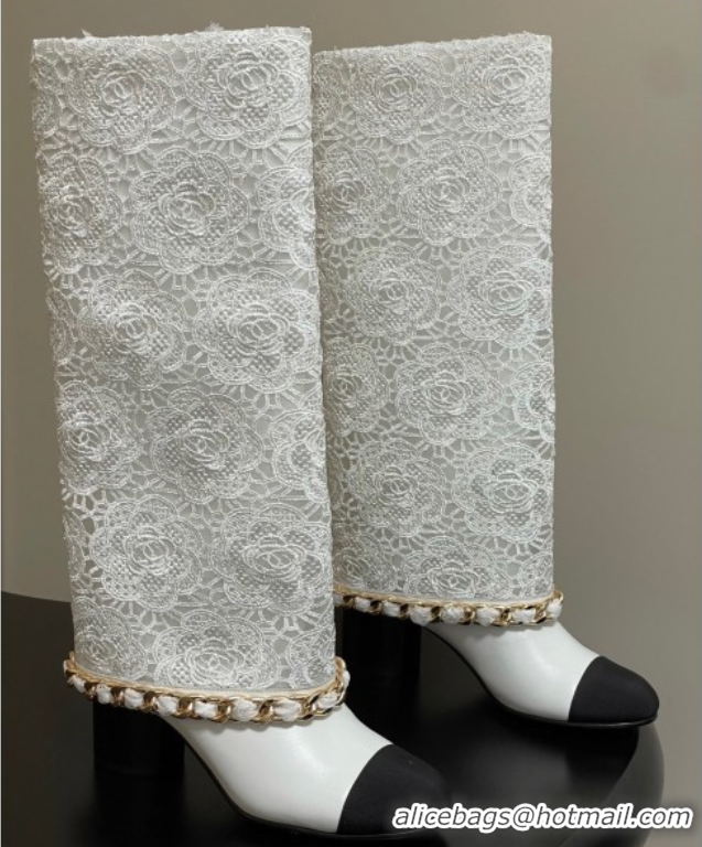 Most Popular Chanel Lace, Calfskin & Grosgrain Heel High Boots 6cm with Foldover Bootleg and Chain White 2025 CH071517
