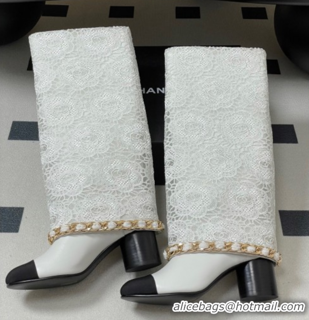 Most Popular Chanel Lace, Calfskin & Grosgrain Heel High Boots 6cm with Foldover Bootleg and Chain White 2025 CH071517