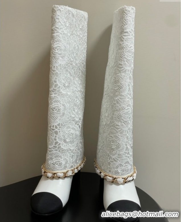 Most Popular Chanel Lace, Calfskin & Grosgrain Heel High Boots 6cm with Foldover Bootleg and Chain White 2025 CH071517