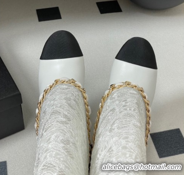 Most Popular Chanel Lace, Calfskin & Grosgrain Heel High Boots 6cm with Foldover Bootleg and Chain White 2025 CH071517