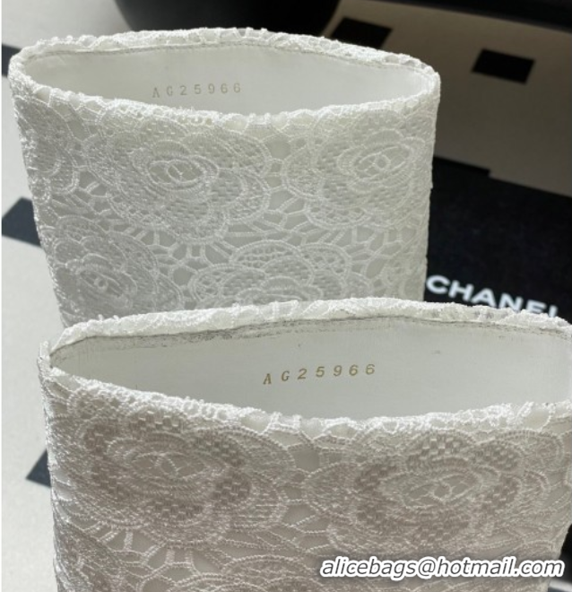 Most Popular Chanel Lace, Calfskin & Grosgrain Heel High Boots 6cm with Foldover Bootleg and Chain White 2025 CH071517