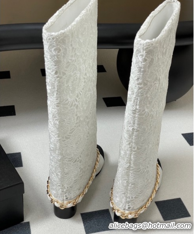 Most Popular Chanel Lace, Calfskin & Grosgrain Heel High Boots 6cm with Foldover Bootleg and Chain White 2025 CH071517