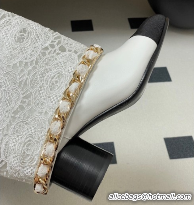 Most Popular Chanel Lace, Calfskin & Grosgrain Heel High Boots 6cm with Foldover Bootleg and Chain White 2025 CH071517