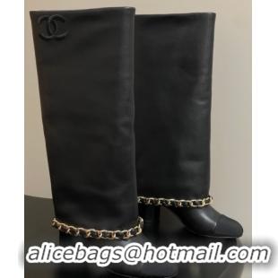Charming Chanel Calfskin Leather & Grosgrain Heel High Boots 6cm with Foldover Bootleg and Chain Black 2025 CH071517