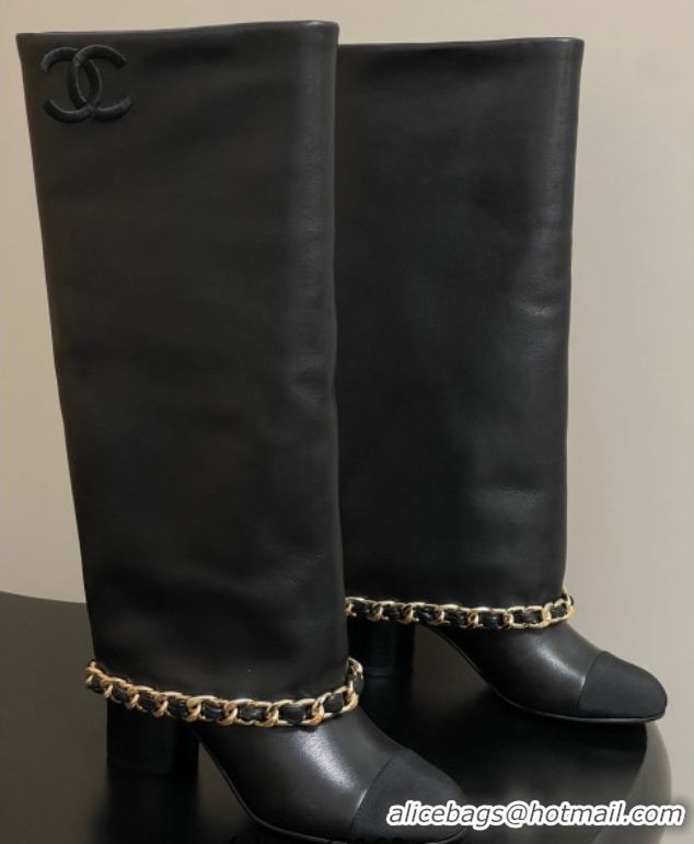 Charming Chanel Calfskin Leather & Grosgrain Heel High Boots 6cm with Foldover Bootleg and Chain Black 2025 CH071517