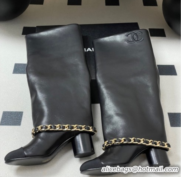 Charming Chanel Calfskin Leather & Grosgrain Heel High Boots 6cm with Foldover Bootleg and Chain Black 2025 CH071517