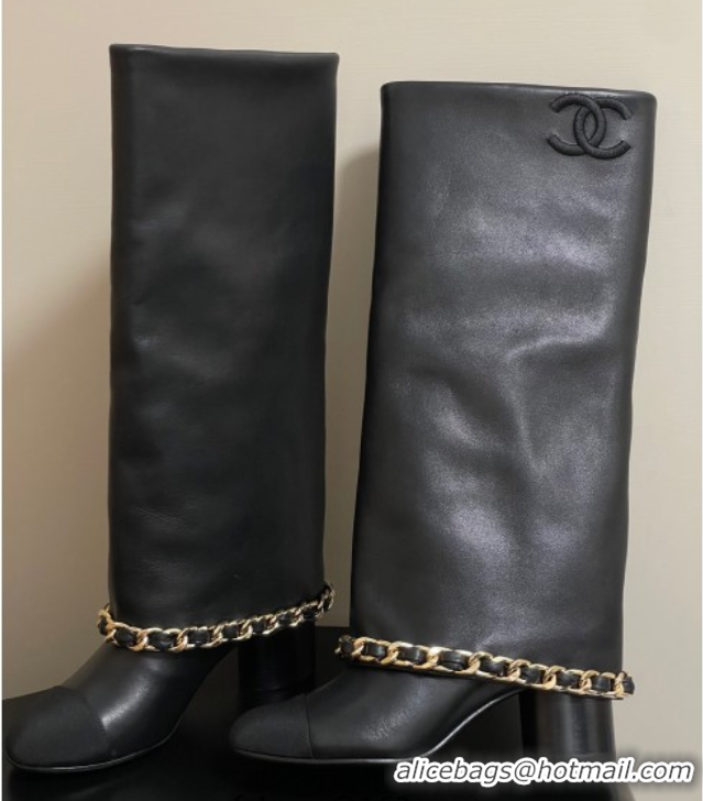 Charming Chanel Calfskin Leather & Grosgrain Heel High Boots 6cm with Foldover Bootleg and Chain Black 2025 CH071517