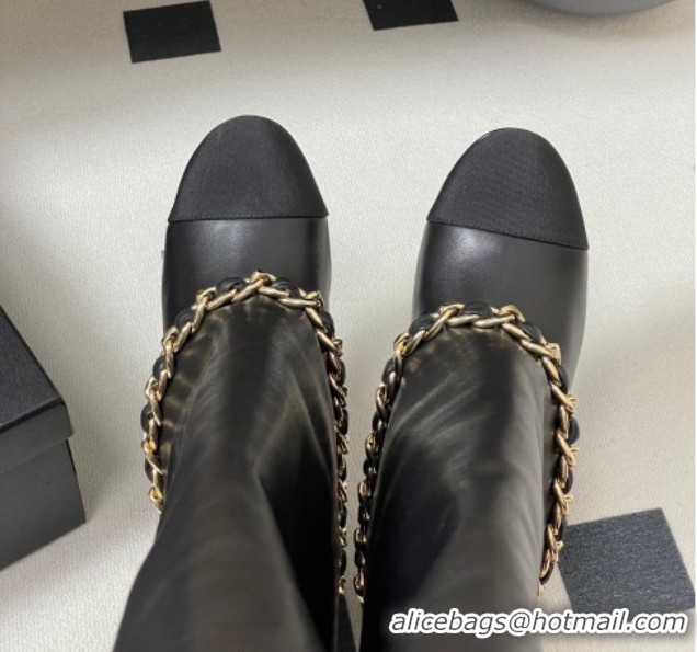 Charming Chanel Calfskin Leather & Grosgrain Heel High Boots 6cm with Foldover Bootleg and Chain Black 2025 CH071517