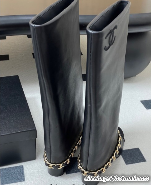 Charming Chanel Calfskin Leather & Grosgrain Heel High Boots 6cm with Foldover Bootleg and Chain Black 2025 CH071517