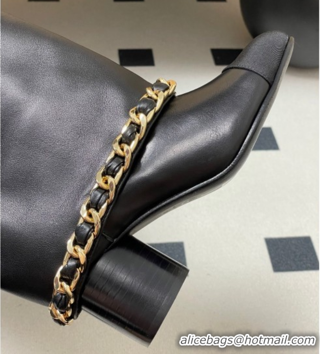 Charming Chanel Calfskin Leather & Grosgrain Heel High Boots 6cm with Foldover Bootleg and Chain Black 2025 CH071517