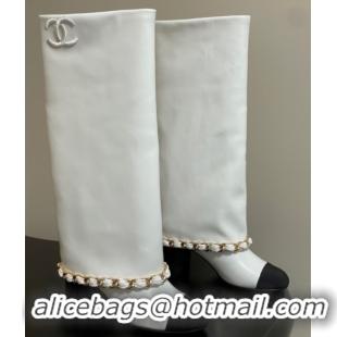 Purchase Chanel Calfskin Leather & Grosgrain Heel High Boots 6cm with Foldover Bootleg and Chain White 2025 CH071517