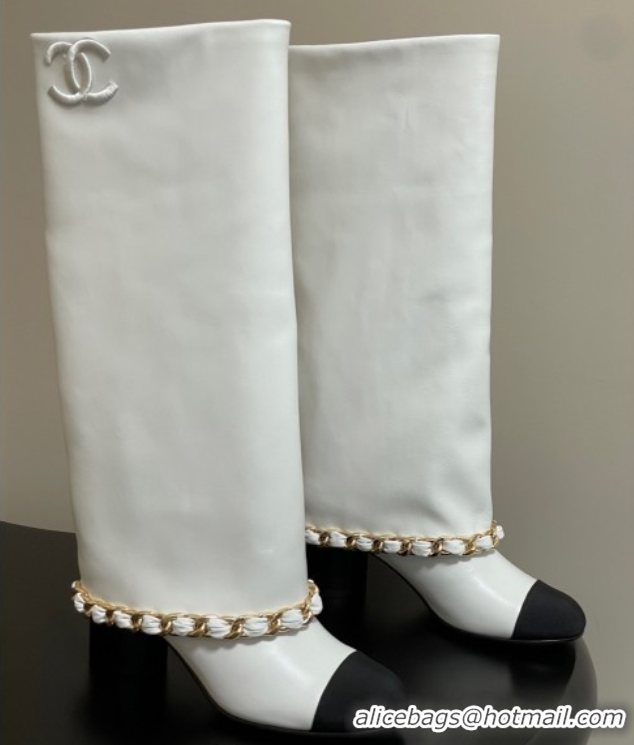 Purchase Chanel Calfskin Leather & Grosgrain Heel High Boots 6cm with Foldover Bootleg and Chain White 2025 CH071517