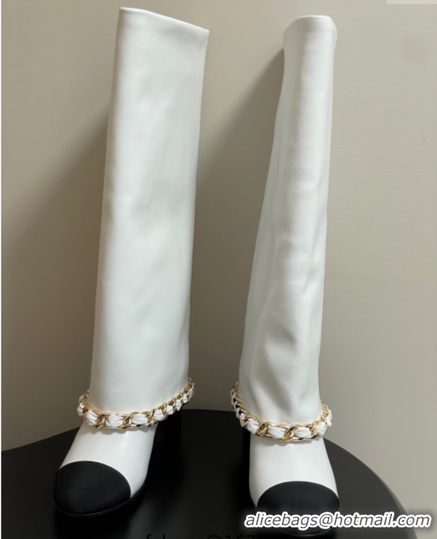 Purchase Chanel Calfskin Leather & Grosgrain Heel High Boots 6cm with Foldover Bootleg and Chain White 2025 CH071517