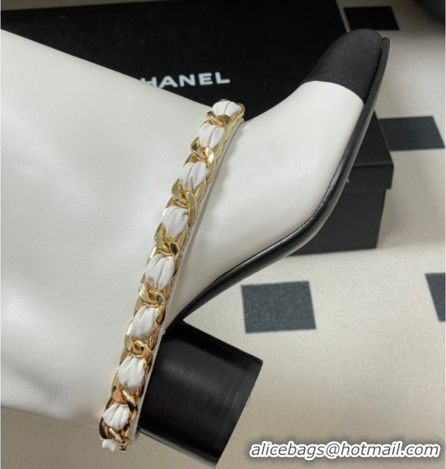 Purchase Chanel Calfskin Leather & Grosgrain Heel High Boots 6cm with Foldover Bootleg and Chain White 2025 CH071517