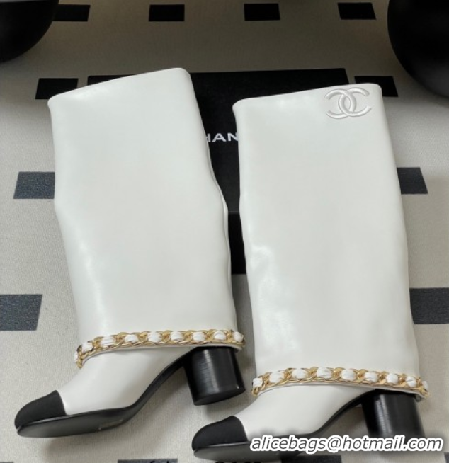 Purchase Chanel Calfskin Leather & Grosgrain Heel High Boots 6cm with Foldover Bootleg and Chain White 2025 CH071517