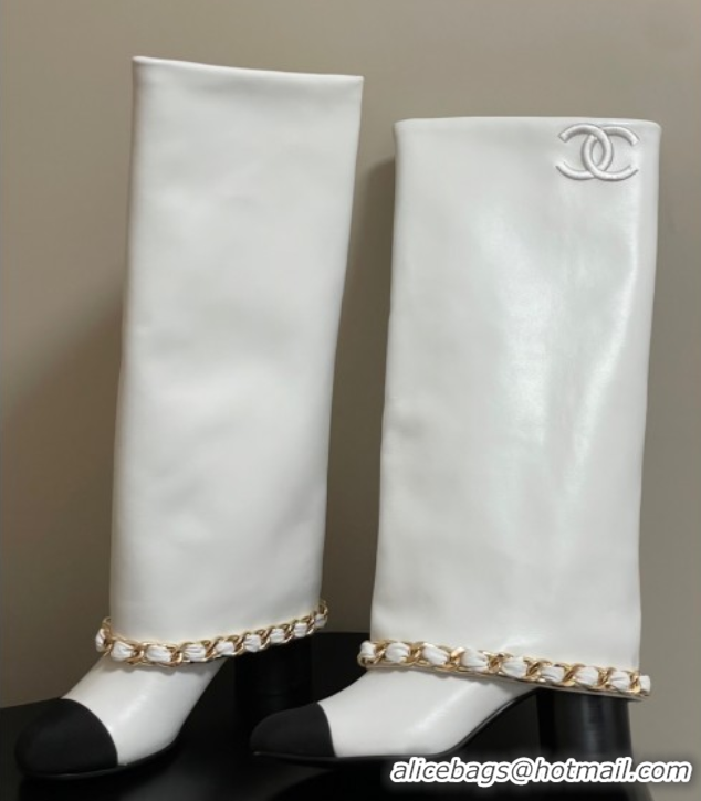 Purchase Chanel Calfskin Leather & Grosgrain Heel High Boots 6cm with Foldover Bootleg and Chain White 2025 CH071517