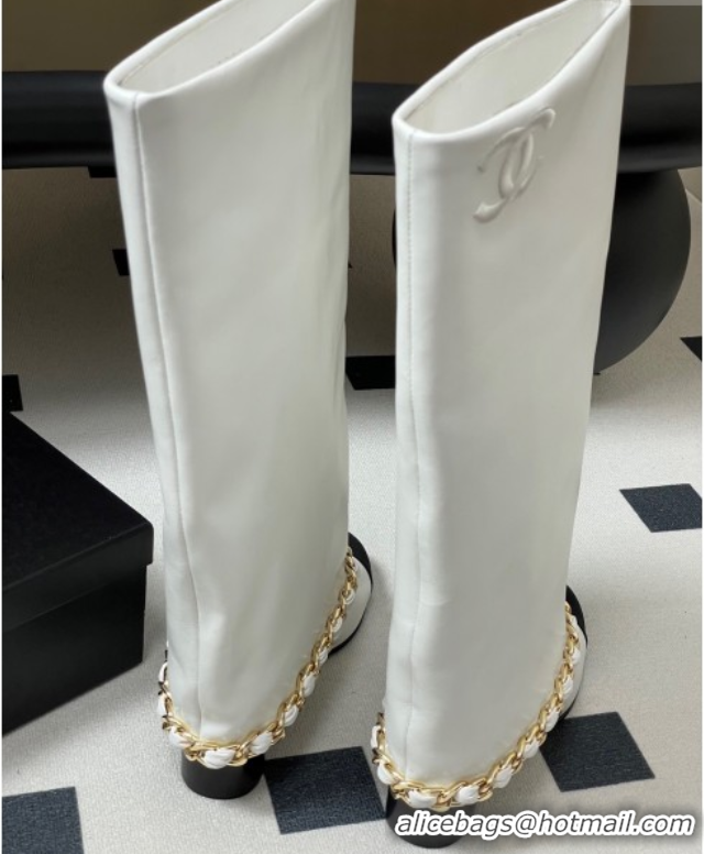 Purchase Chanel Calfskin Leather & Grosgrain Heel High Boots 6cm with Foldover Bootleg and Chain White 2025 CH071517