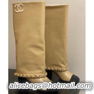 Popular Style Chanel Calfskin Leather & Grosgrain Heel High Boots 6cm with Foldover Bootleg and Chain Beige 2025 CH07151