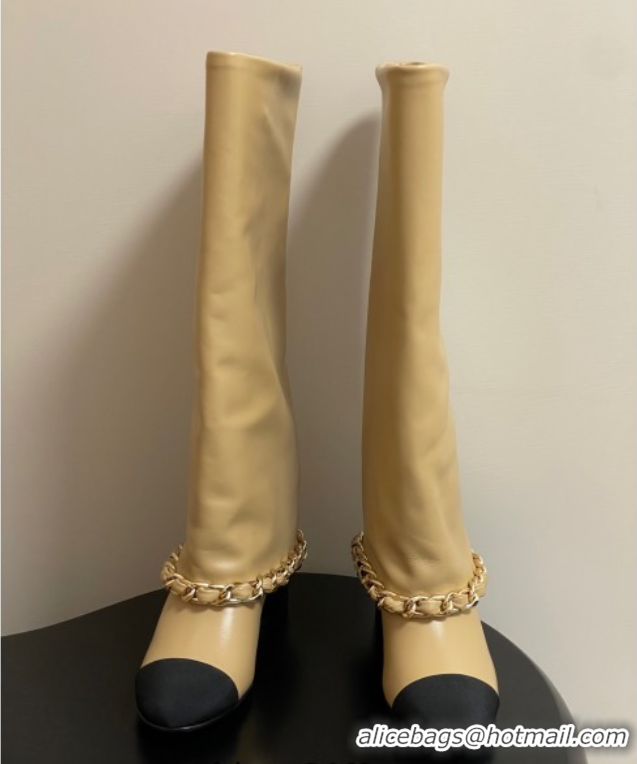 Popular Style Chanel Calfskin Leather & Grosgrain Heel High Boots 6cm with Foldover Bootleg and Chain Beige 2025 CH07151