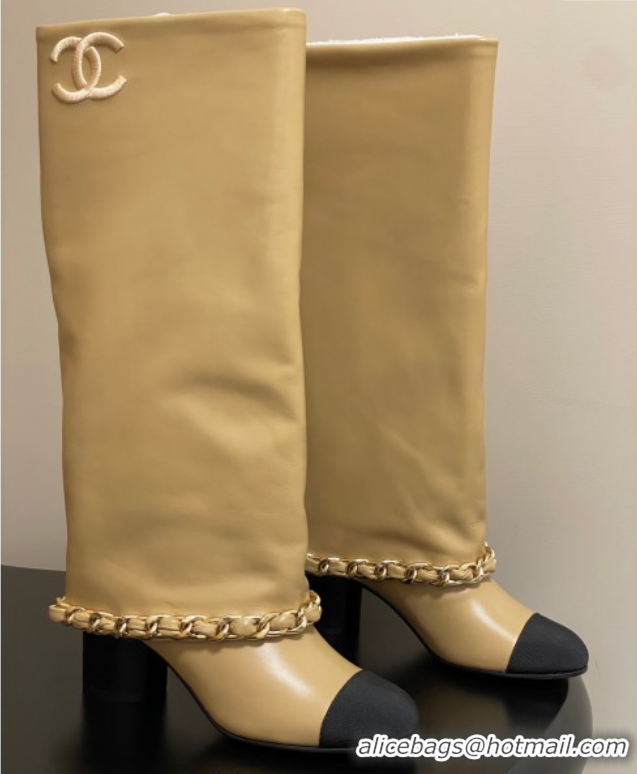 Popular Style Chanel Calfskin Leather & Grosgrain Heel High Boots 6cm with Foldover Bootleg and Chain Beige 2025 CH07151