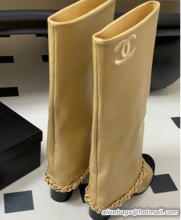 Popular Style Chanel Calfskin Leather & Grosgrain Heel High Boots 6cm with Foldover Bootleg and Chain Beige 2025 CH07151