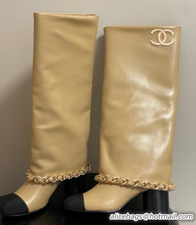 Popular Style Chanel Calfskin Leather & Grosgrain Heel High Boots 6cm with Foldover Bootleg and Chain Beige 2025 CH07151