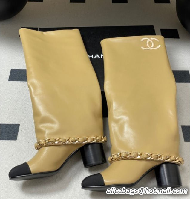 Popular Style Chanel Calfskin Leather & Grosgrain Heel High Boots 6cm with Foldover Bootleg and Chain Beige 2025 CH07151