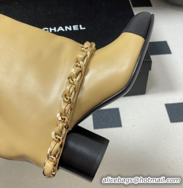 Popular Style Chanel Calfskin Leather & Grosgrain Heel High Boots 6cm with Foldover Bootleg and Chain Beige 2025 CH07151
