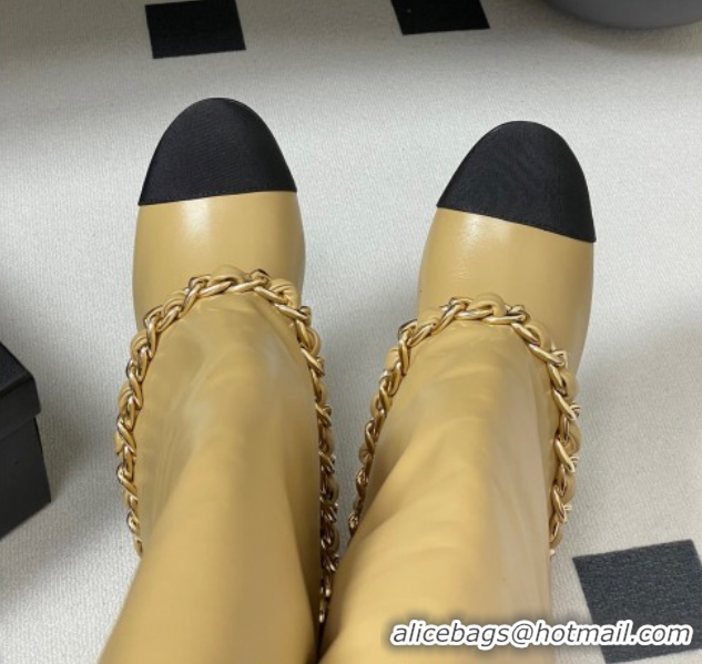 Popular Style Chanel Calfskin Leather & Grosgrain Heel High Boots 6cm with Foldover Bootleg and Chain Beige 2025 CH07151