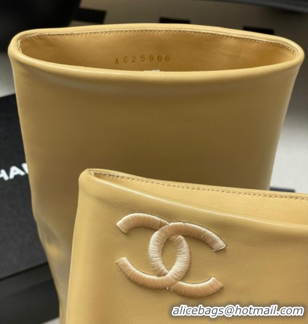 Popular Style Chanel Calfskin Leather & Grosgrain Heel High Boots 6cm with Foldover Bootleg and Chain Beige 2025 CH07151