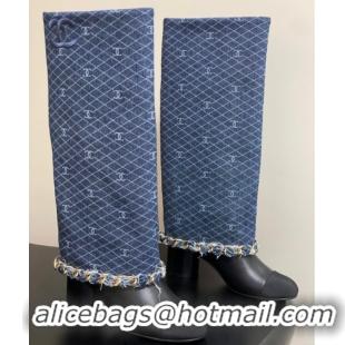 Cheap Price Chanel Denim, Calfskin & Grosgrain Heel High Boots 6cm with Foldover Bootleg and Chain Navy Blue 2025 CH0715