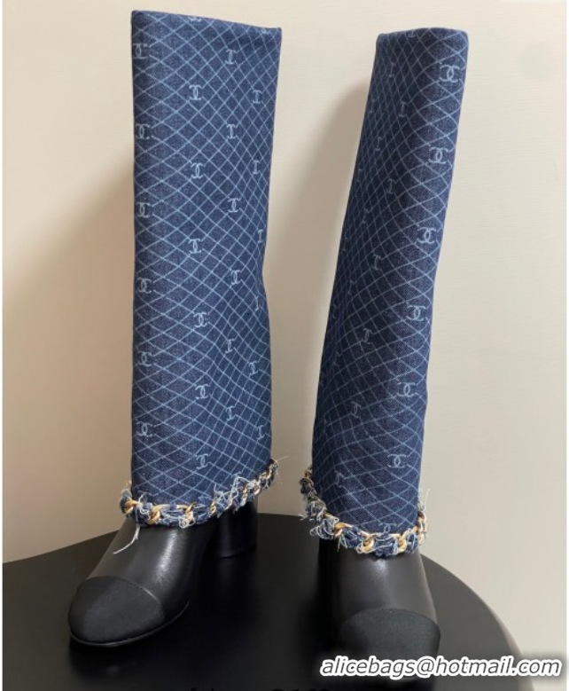 Cheap Price Chanel Denim, Calfskin & Grosgrain Heel High Boots 6cm with Foldover Bootleg and Chain Navy Blue 2025 CH0715