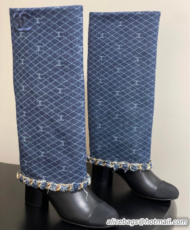 Cheap Price Chanel Denim, Calfskin & Grosgrain Heel High Boots 6cm with Foldover Bootleg and Chain Navy Blue 2025 CH0715