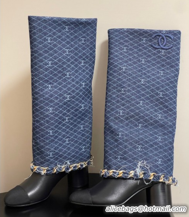 Cheap Price Chanel Denim, Calfskin & Grosgrain Heel High Boots 6cm with Foldover Bootleg and Chain Navy Blue 2025 CH0715