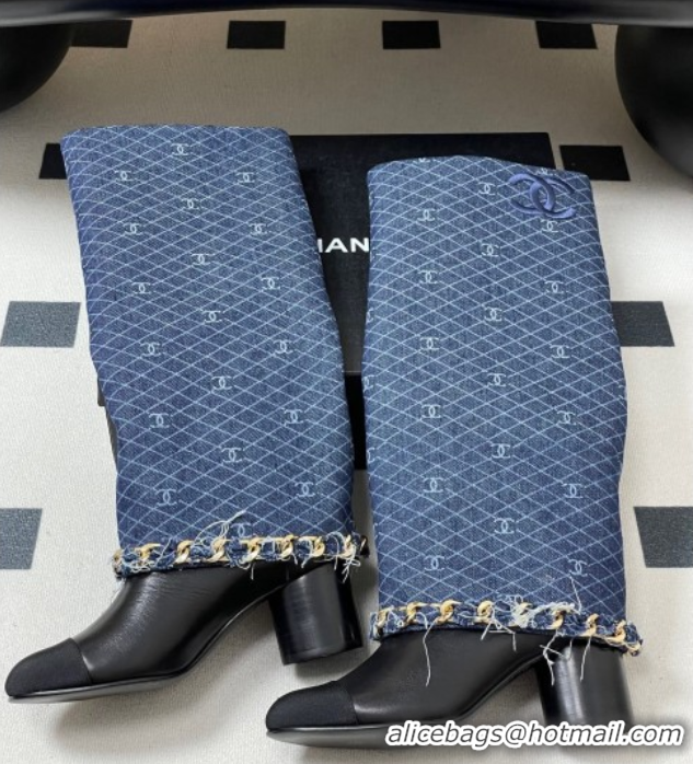 Cheap Price Chanel Denim, Calfskin & Grosgrain Heel High Boots 6cm with Foldover Bootleg and Chain Navy Blue 2025 CH0715